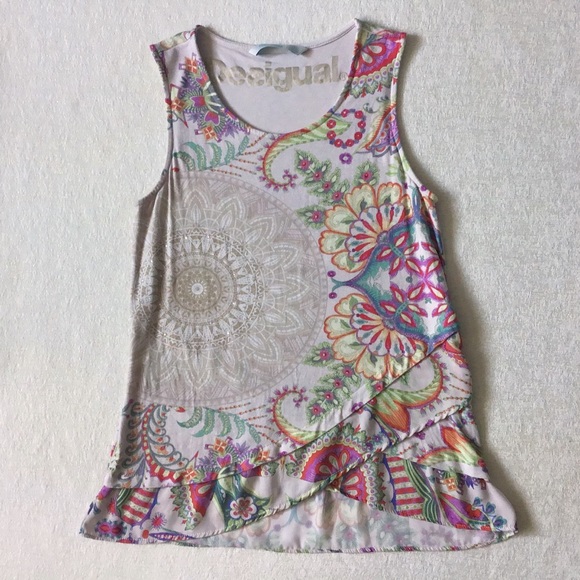 Desigual Sleeveless Top Woman’s Small Colorful Graphic Ruffle Hem Mixed Fabrics - Picture 2 of 11